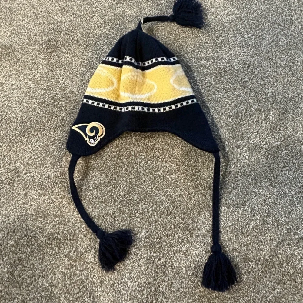 NFL Los Angeles Rams Kids Fleece Lined Knit Beanie Ear Flap Hat Navy Yellow